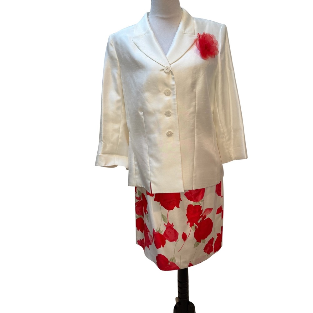 Le Suit Skirt Suit Womens 12 White Red Rose Floral Blazer Set 2 Piece Formal